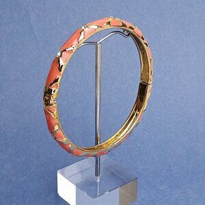 X Pattern Rhinestone Gold Tone Mauve Blush Enamel Hinge Bangle Skinny Bracelet